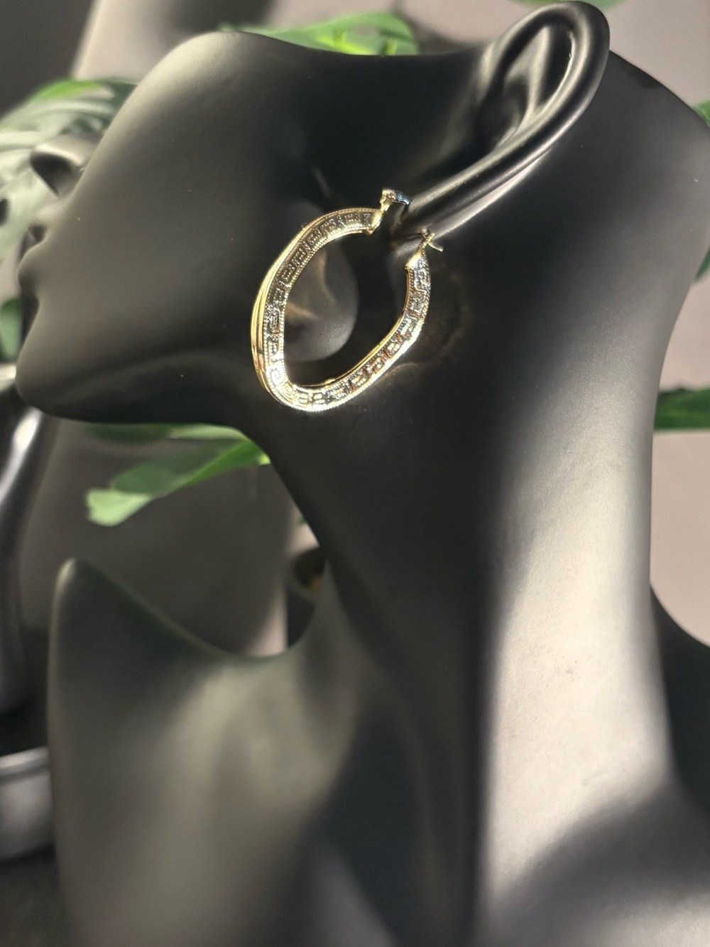 Gold-Filled Greek Key Textured Oval Hoop Earrings